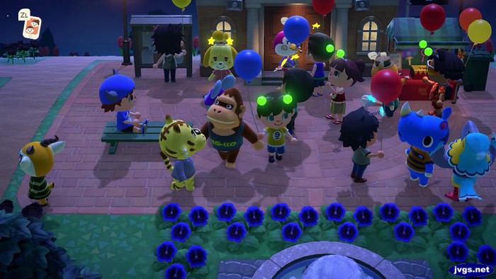 A very crowded plaza during the fireworks festival in Animal Crossing: New Horizons.