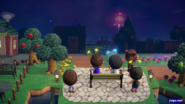 A Mario fireworks goes off in the sky.