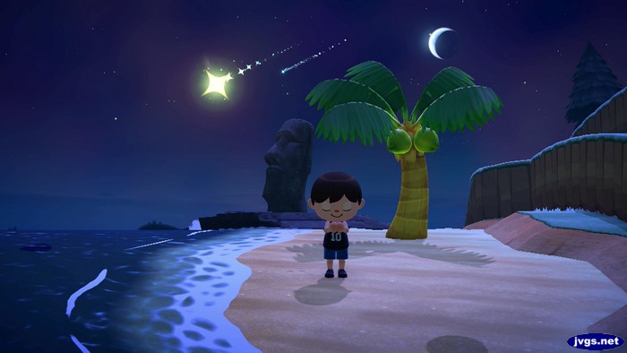 Jeff wishes on two shooting stars near the Moai statue in Animal Crossing: New Horizons.