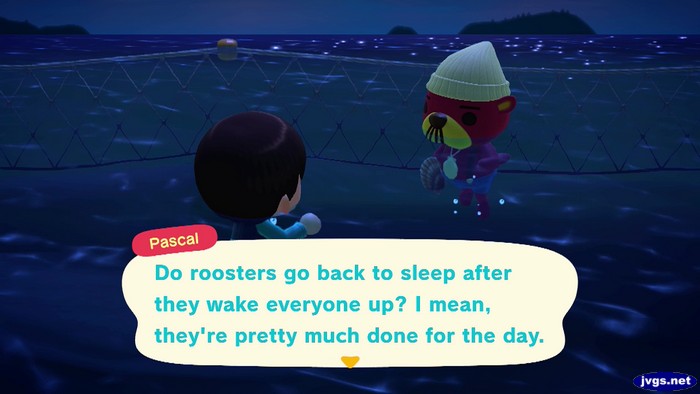 Pascal: Do roosters go back to sleep after they wake everyone up? I mean, they're pretty much done for the day.