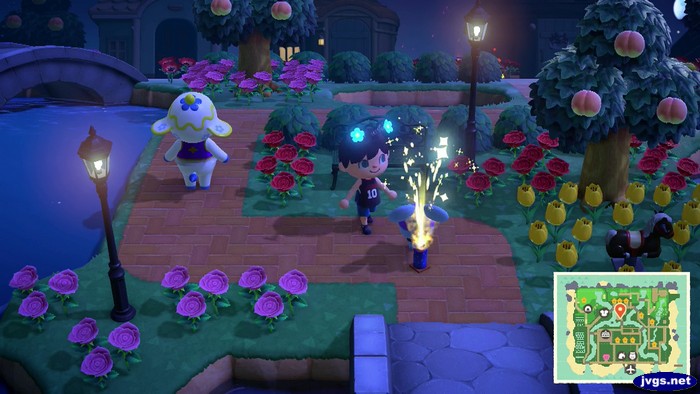 Jeff sets Rizzo on fire with a fountain firework in Animal Crossing: New Horizons.