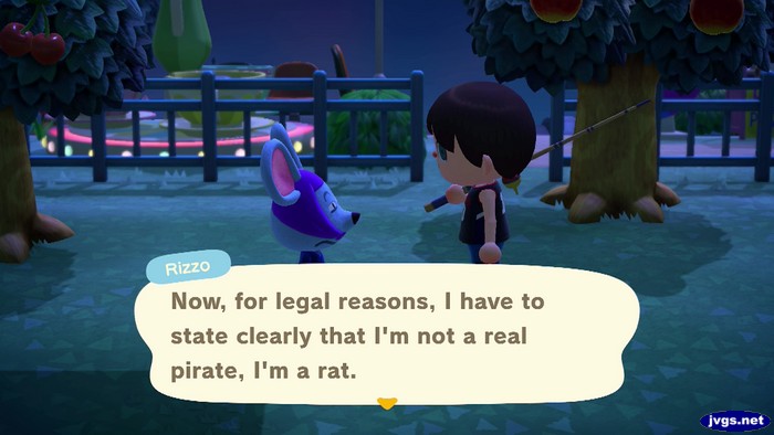 Rizzo: Now, for legal reasons, I have to state clearly that I'm not a real pirate, I'm a rat.