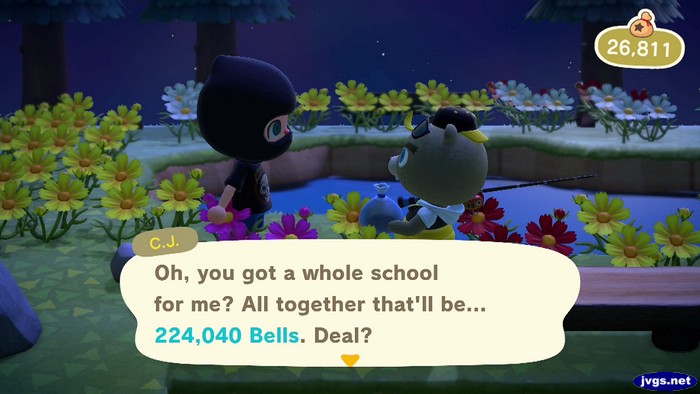 C.J.: Oh, you got a whole school for me? All together that'll be... 224,040 bells. Deal?