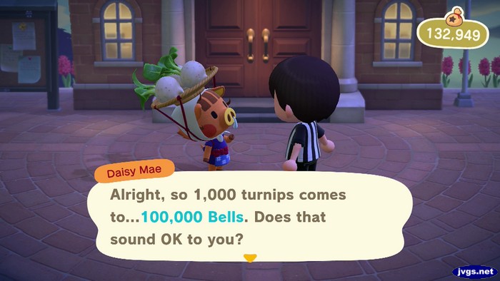 Daisy Mae: Alright, so 1,000 turnips comes to...100,000 bells. Does that sound OK to you?
