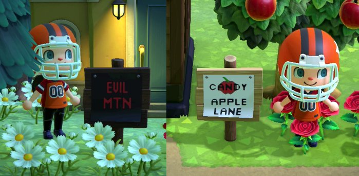 Signs for Evil Mountain and Candy Apple Lane.