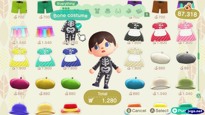 The bone costume at Able Sisters in Animal Crossing: New Horizons (ACNH) for Nintendo Switch.