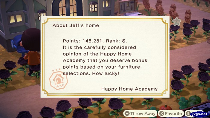 About Jeff's home, Points: 148,281. Rank: S. It is the carefully considered opinion of the Happy Home Academy that you deserve bonus points based on your furniture selections. How lucky! -Happy Home Academy