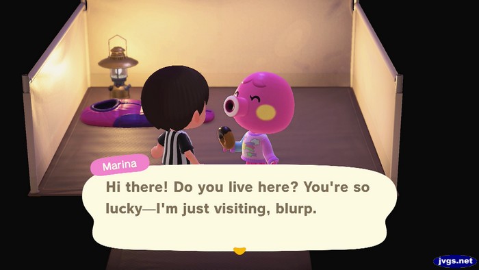 Marina: Hi there! Do you live here? You're so lucky--I'm just visiting, blurp.