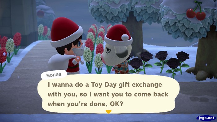 Bones: I wanna do a Toy Day gift exchange with you, so I want you to come back when you're done, OK?