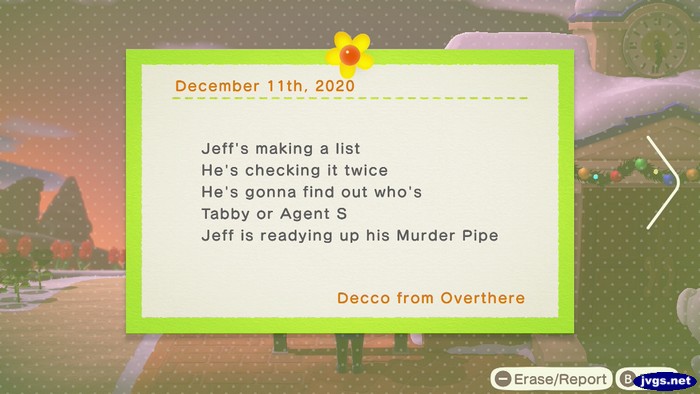 December 11th, 2020. Jeff's making a list. He's checking it twice. He's gonna find out who's Tabby or Agent S. Jeff is readying up his murder pipe. -Decco from Overthere