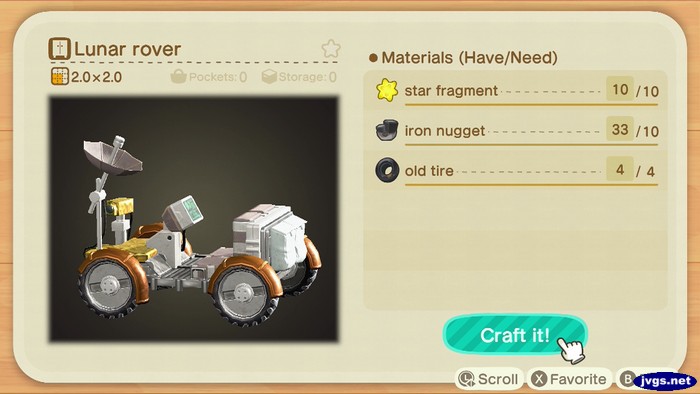 The DIY recipe for a lunar rover in Animal Crossing: New Horizons (ACNH) for Nintendo Switch.
