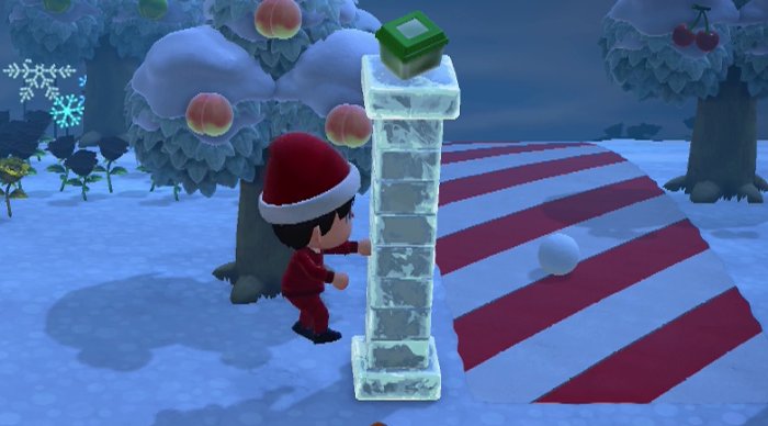 Jeff takes an item (a bug) from on top of a frozen pillar.