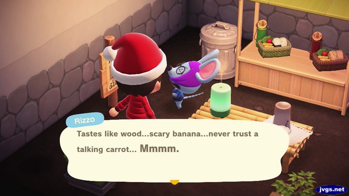 Rizzo: Tastes like wood...scary banana...never trust a talking carrot... Mmmm.