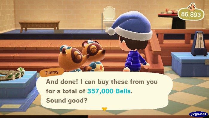 Timmy: And done! I can buy these from you for a total of 357,000 bells. Sound good?
