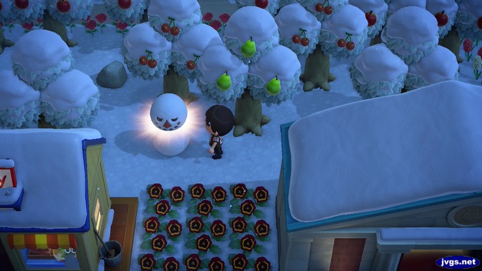Building an imperfect snowman in Animal Crossing: New Horizons.