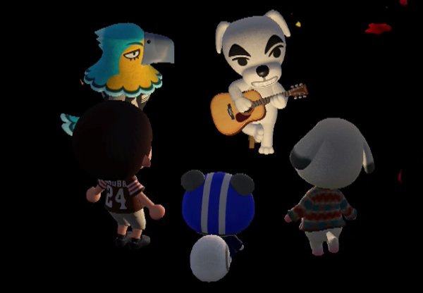 K.K. Slider performs for Keaton, Jeff, Agent S, and Bones in Animal Crossing: New Horizons.