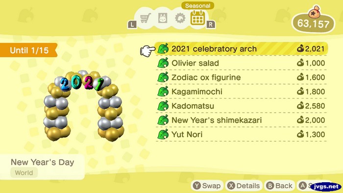 The order screen for the New Year's seasonal items, including the 2021 celebratory arch.