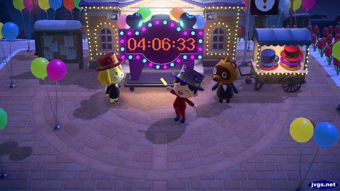 Isabelle and Tom Nook stand at the plaza on New Year's Eve.