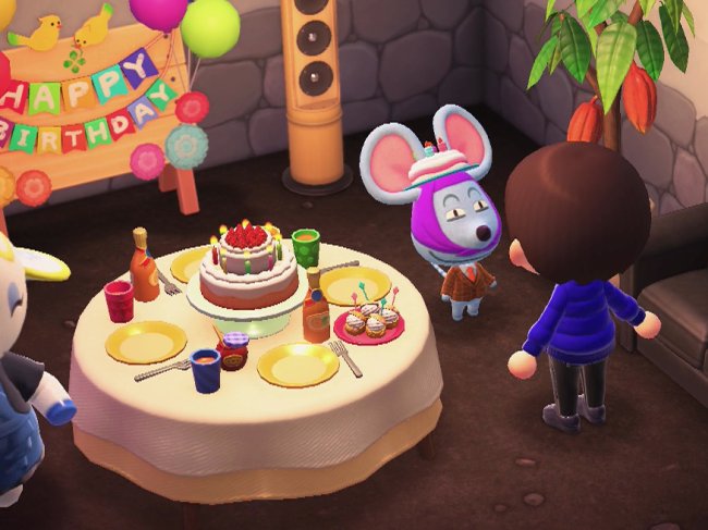 Rizzo celebrates his birthday in Animal Crossing: New Horizons.