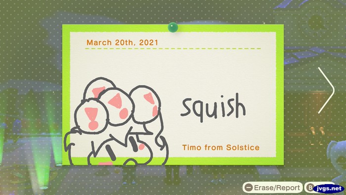 Timo's art shows Timo, some pitfall seeds, and the word squish.