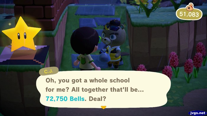 C.J.: Oh, you got a whole school for me? All together that'll be... 72,750 bells. Deal?