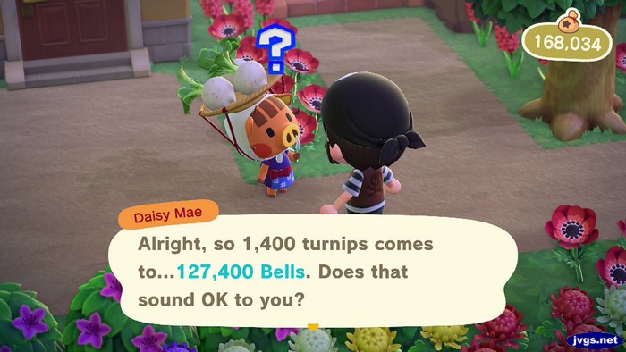 Daisy Mae: Alright, so 1,400 turnips comes to... 127,400 bells. Does that sound OK to you?