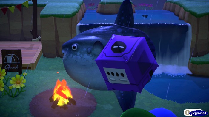 An ocean sunfish wears a GameCube umbrella...tutu?