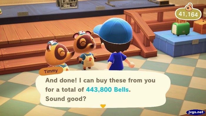 Timmy: And done! I can buy these from you for a total of 443,800 bells. Sound good?