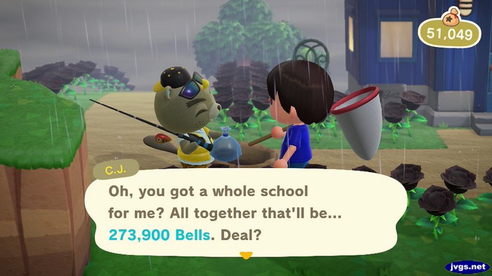 C.J.: Oh, you got a whole school for me? All together that'll be... 273,900 bells. Deal?