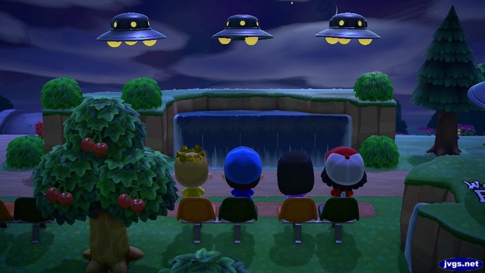 Sacky, Jeff, MaryAnn, and Bran hang out near the UFOs.