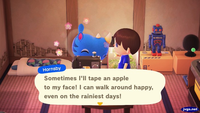 Hornsby: Sometimes I'll tape an apple to my face! I can walk around happy, even on the rainiest days!