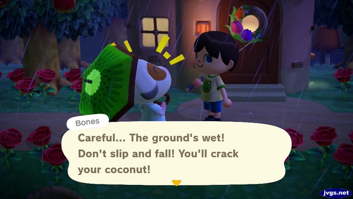 Bones: Careful... The ground's wet! Don't slip and fall! You'll crack your coconut!