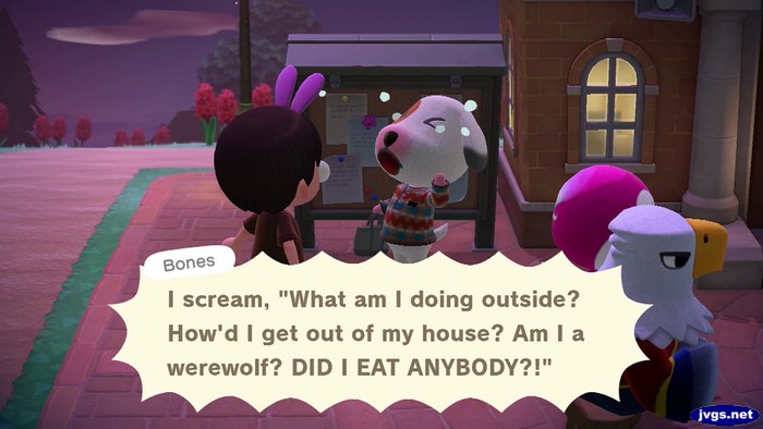 Bones: I scream, 'What am I doing outside? How'd I get out of my house? Am I a werewolf? DID I EAT ANYBODY?!'