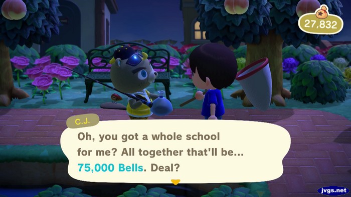 C.J.: Oh, you got a whole school for me? All together that'll be... 75,000 bells. Deal?