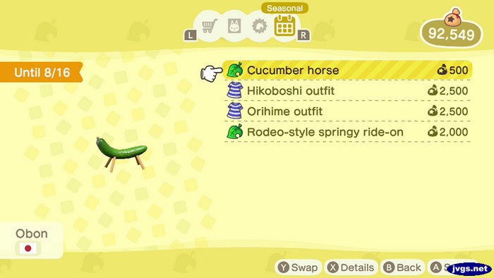 Cucumber horse: 500 bells.