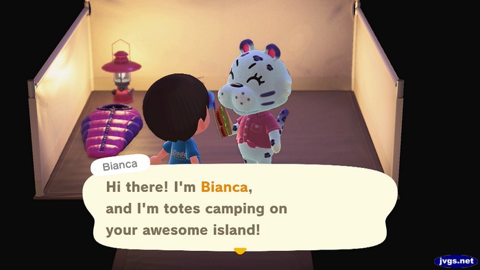 Bianca, at the campsite: Hi there! I'm Bianca, and I'm totes camping on your awesome island!