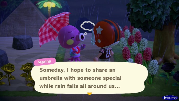 Marina: Someday, I hope to share an umbrella with someone special while rain falls all around us...