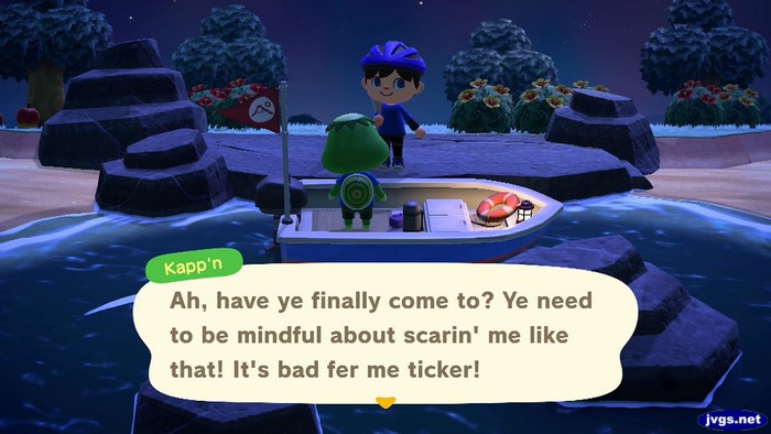 Kapp'n: Ah, have ye finally come to? Ye need to be mindful about scarin' me like that! It's bad fer me ticker!