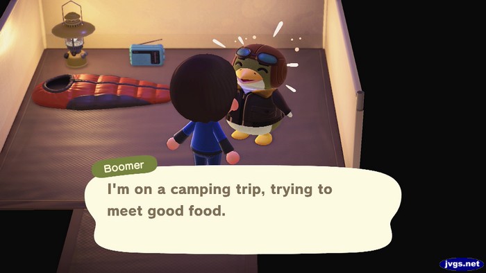 Boomer: I'm on a camping trip, trying to meet good food.