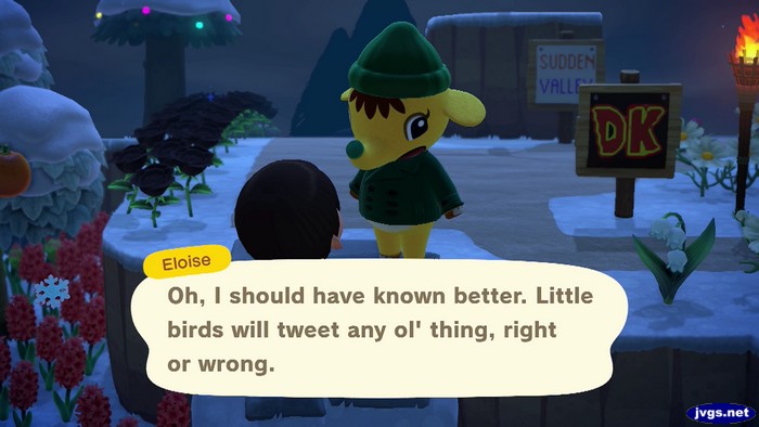 Eloise: Oh, I should have known better. Little birds will tweet any ol' thing, right or wrong.