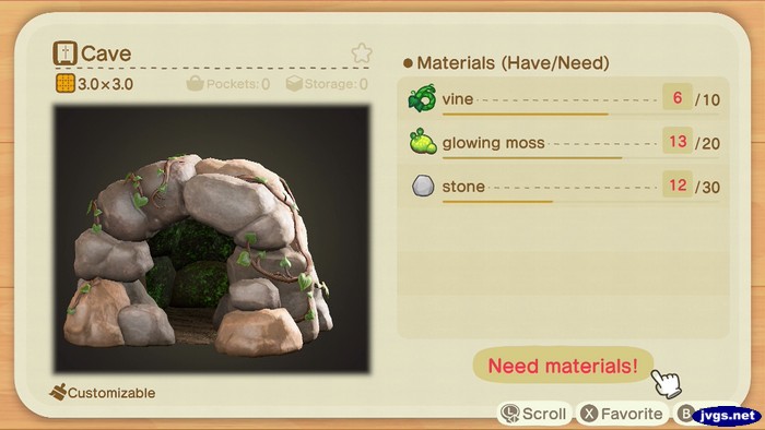 The D.I.Y. recipe for a cave in Animal Crossing: New Horizons.