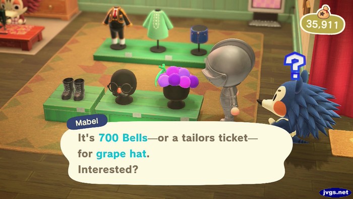 Mabel: It's 700 bells--or a tailors ticket--for grape hat. Interested?
