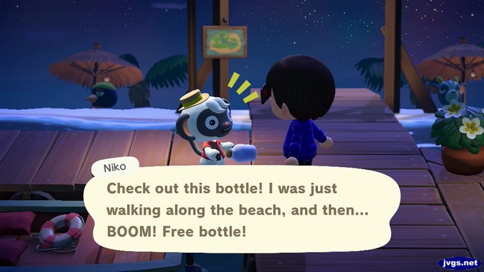 Niko: Check out this bottle! I was just walking along the beach, and then... BOOM! Free bottle!