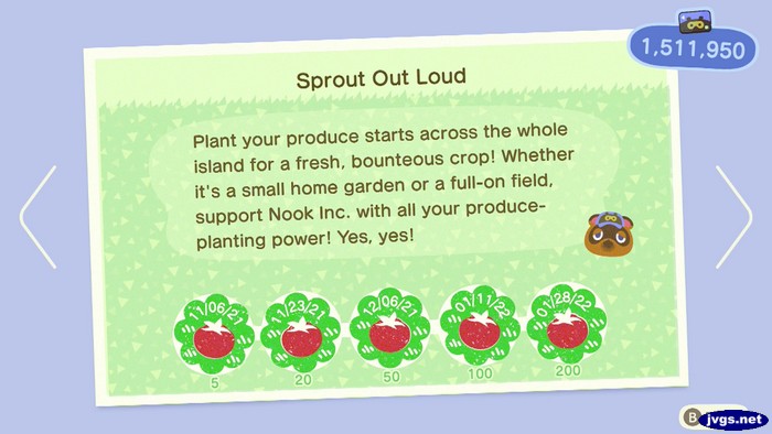 Sprout Out Loud Nook Miles achievement with all goals met.