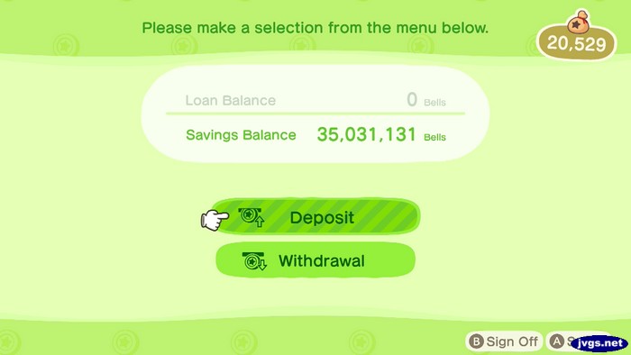 Savings Balance: 35,031,131 bells.