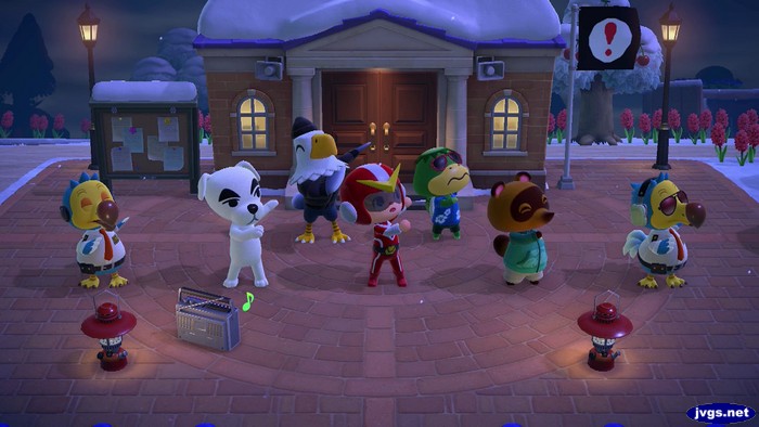 Jeff, Admiral, and five special characters participate in group stretching.