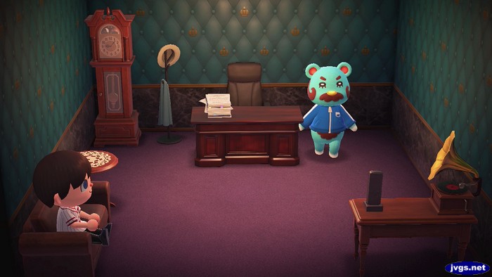 Beardo's office (the inside of his house) in Animal Crossing: New Horizons.