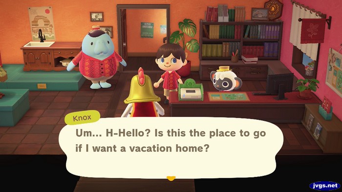 Knox: Um... H-Hello? Is this the place to go if I want a vacation home?