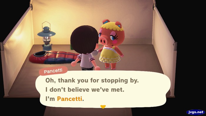 Pancetti, at the campsite: Oh, thank you for stopping by. I don't believe we've met. I'm Pancetti.