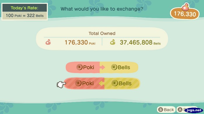 What would you like to exchange? Today's Rate: 100 Poki = 322 bells.